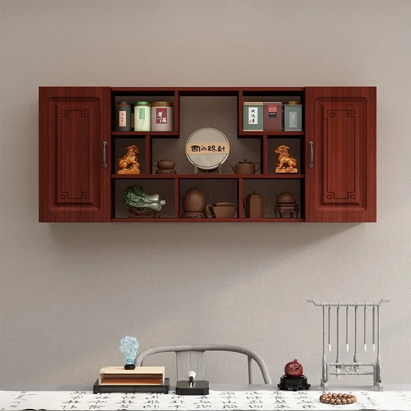 Simple wall-mounted bogu frame dust-proof glass with door living room wall Duobao Pavilion red wine ornament tea set rack