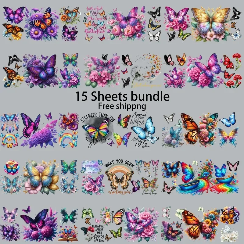 15pcs Free Elegant Butterfly Item 16oz UV DTF Sticker Waterproof DIY Decals 3D transfers uvdtf tumbler stickers uv dtf cup wrap