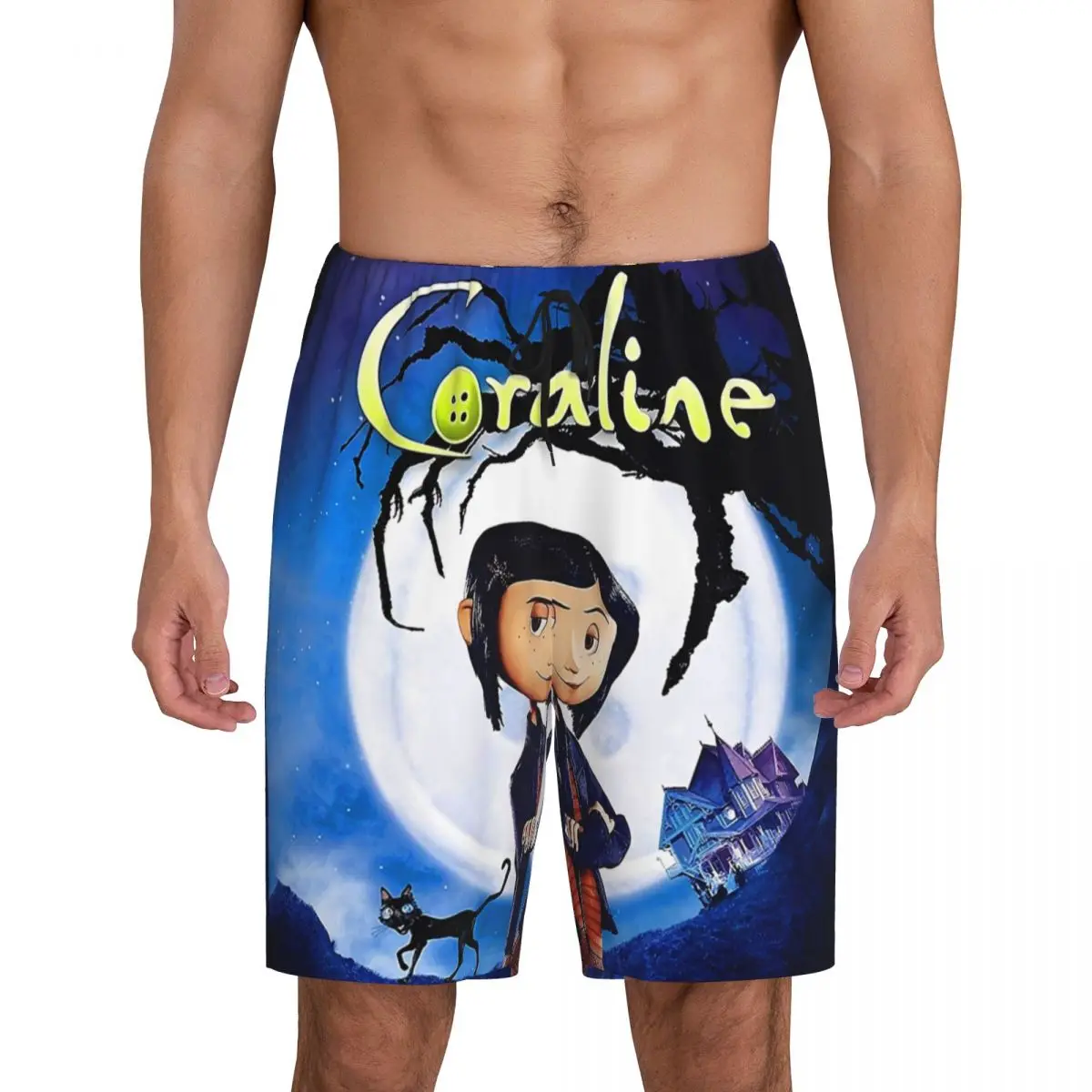 

Custom Halloween Coraline Horror Movie Pajama Bottoms for Men Lounge Sleep Shorts Drawstring Sleepwear Pjs with Pockets