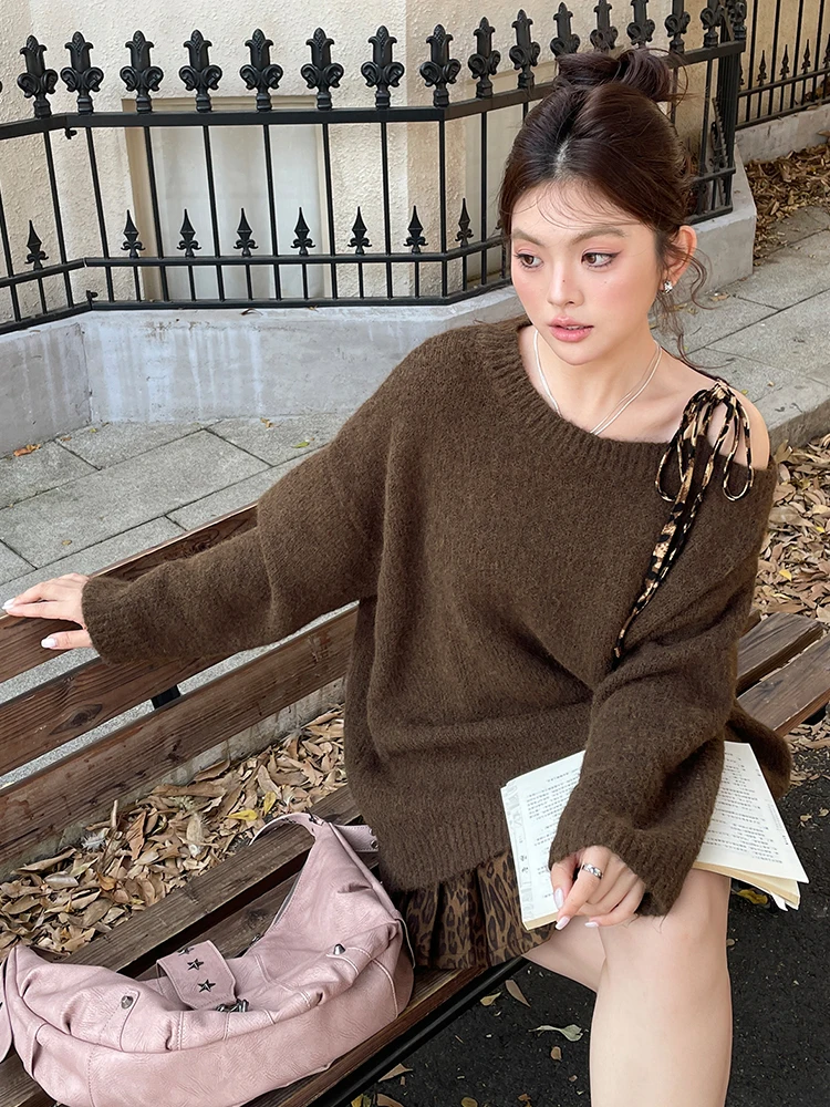 

plus Size Sweater Leopard Print Skirt Set Women's Autumn Winter Korean Sle Slimming Two-Piece Set oulder Baring