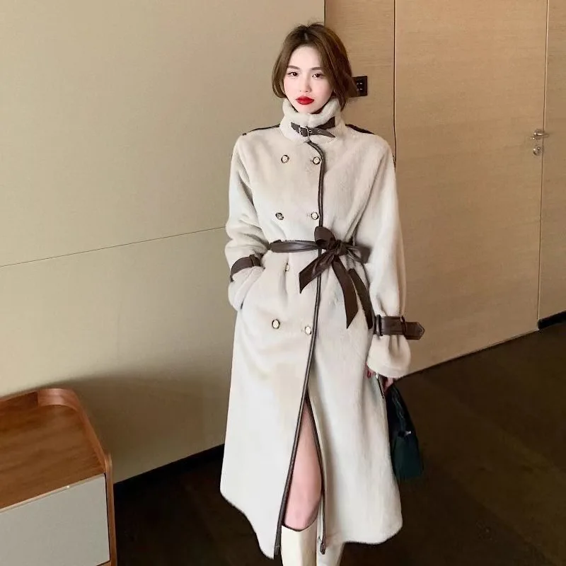 

Faux Mink Fur Coat Belted Winter Women Clothes Elegant Plush Jacket Windbreak Turtleneck Fluffy Trench Coat 2025 New