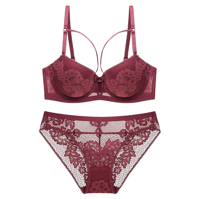 Sexy Lingerie Set Female Two-piece Top Bra Low Waist Panties Suit Lace Push Up Strappy Underwear For Women With Underwire