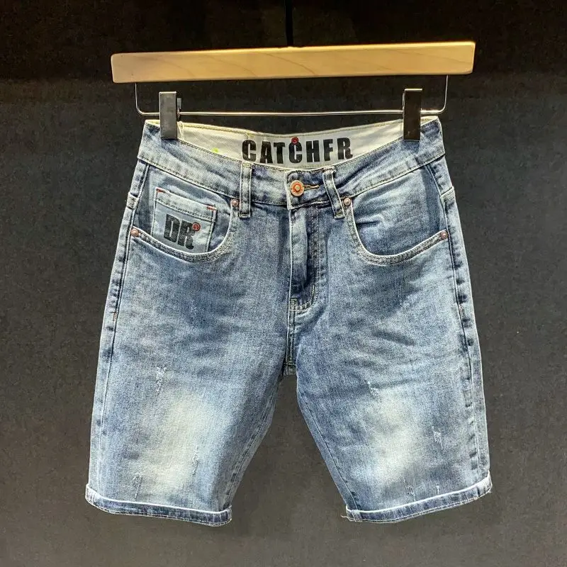

Модные мужские джинсовые шорты с вышивкой и рваными элементами, свободные прямые брюки-бермуды, винтажные повседневные хлопковые стрейч-джинсы