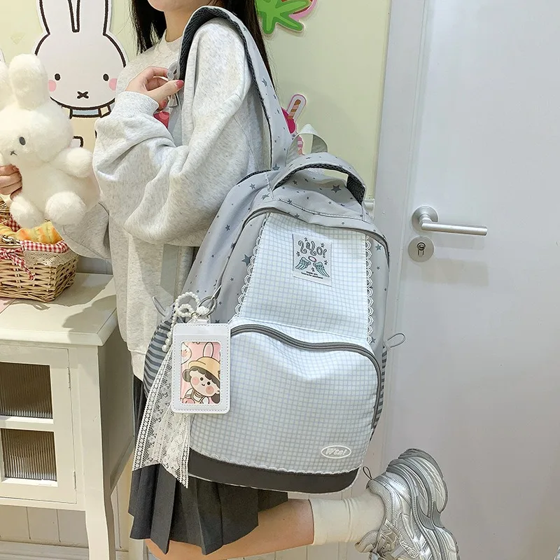 Japanese Mori Girls Sweet Cute Backpack Fashion Dot Checkered Casual Daypack Teen Students Schoolbags Outdoor Travel Rucksack
