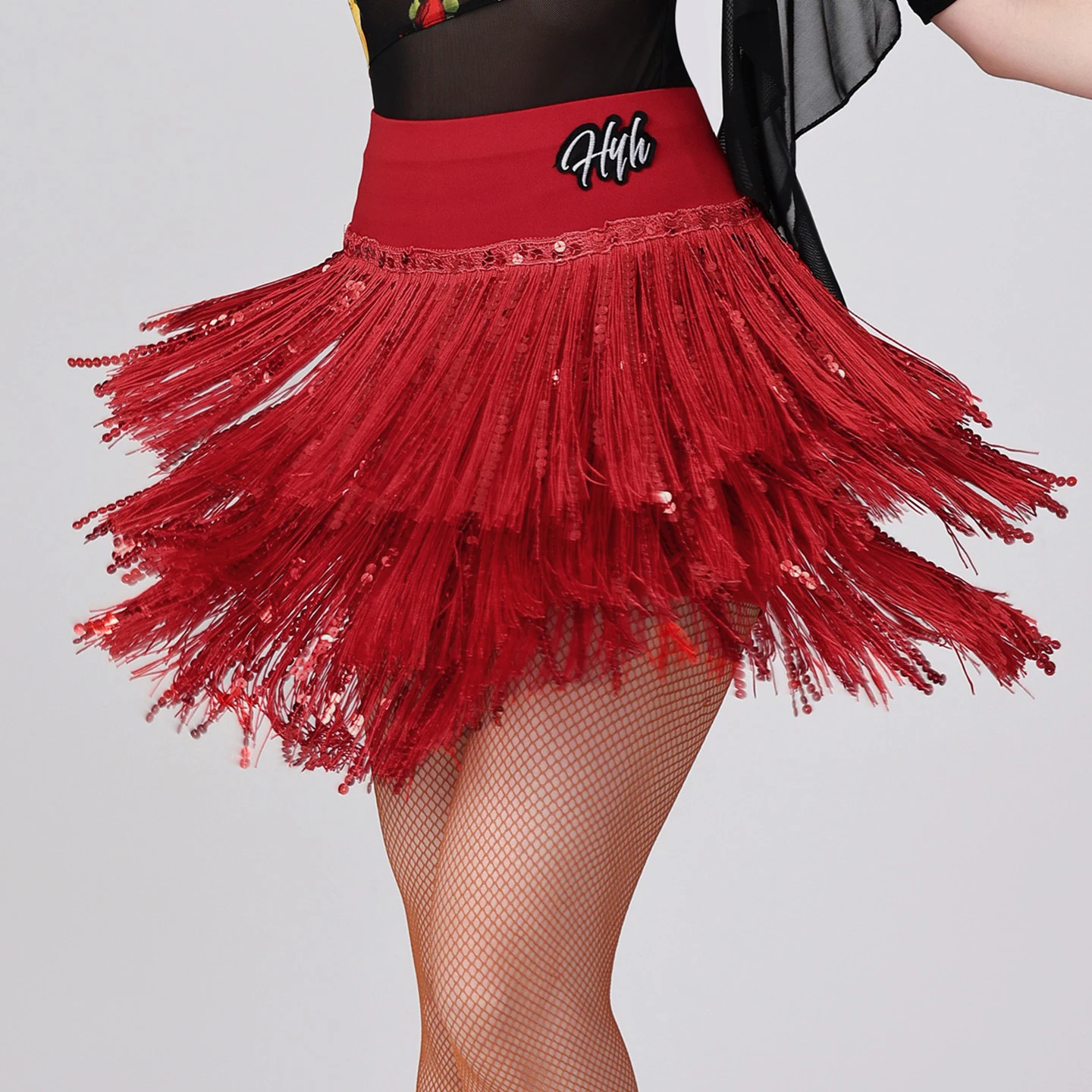 Damska spódnica do tańca latynoamerykańskiego Chacha Rumba z frędzlami, trzywarstwowa spódnica z frędzlami dla dorosłych, spódnice z cekinami do tańca Samba XS10035