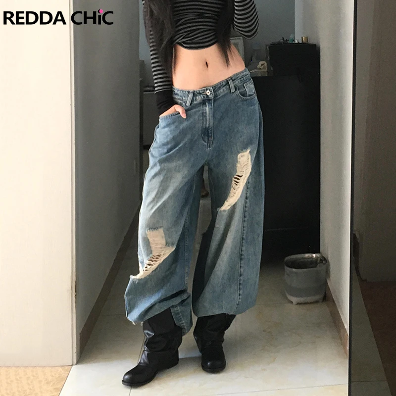 

ReddaChic Women Distressed Destroyed Jeans Vintage Washed Low Rise Pockets Holes Baggy Barrel Pants Boyfriend Trendy Streetwear