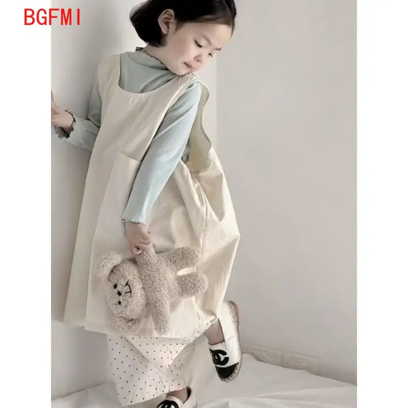 Korean Spring Summer Autumn Clothes for Girls Solid Color Sleeveless Dress + Long Sleeve Undershirt + Polka Dot Pants 3pcs Set