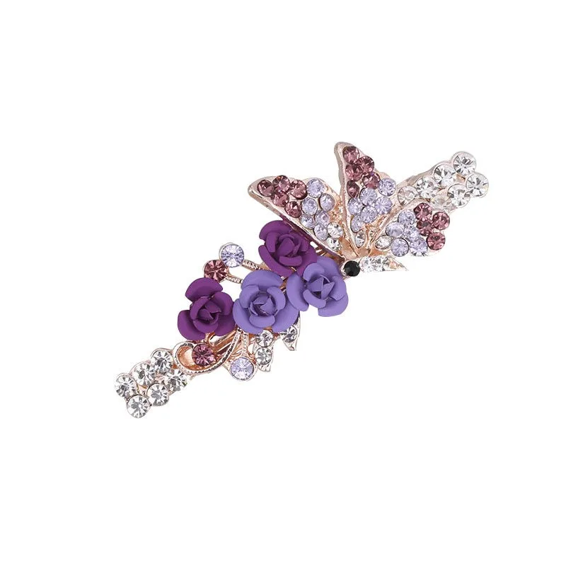Small Rose Flower Rhinestone Butterfly Hairpin Headgear Ladies Spring Clip Top Clip Horizontal Clip