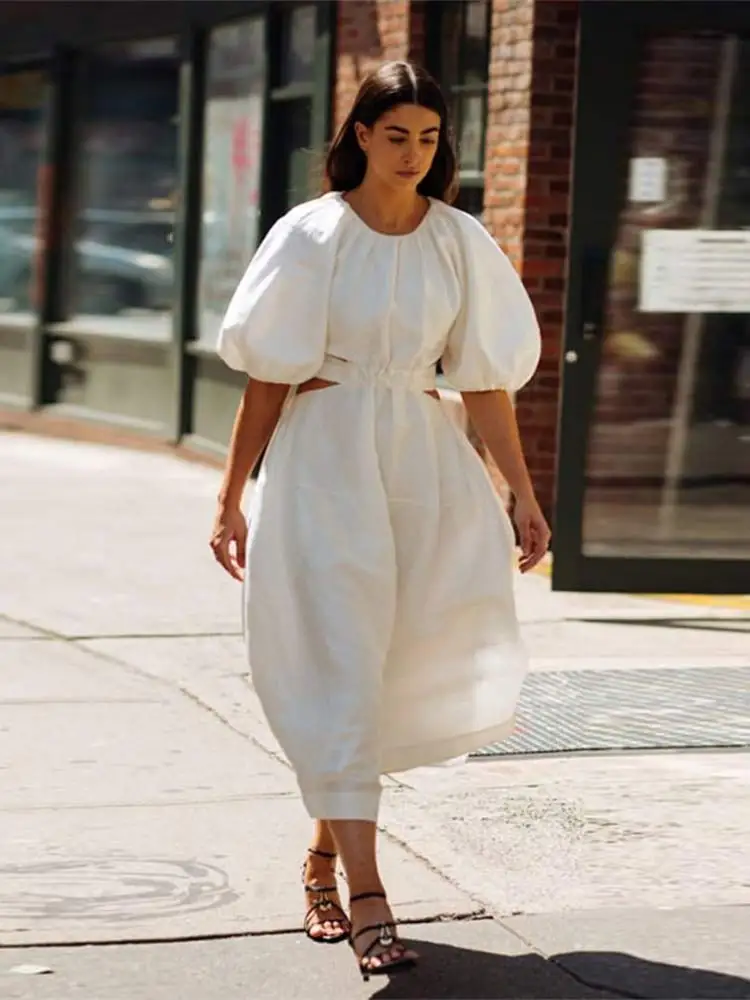 

Elegant White Hollow Out Puff Short Sleeve Maxi Dress Fashion O-neck High Waist A Line Dresses 2024 Summer Lady Vocation Robes