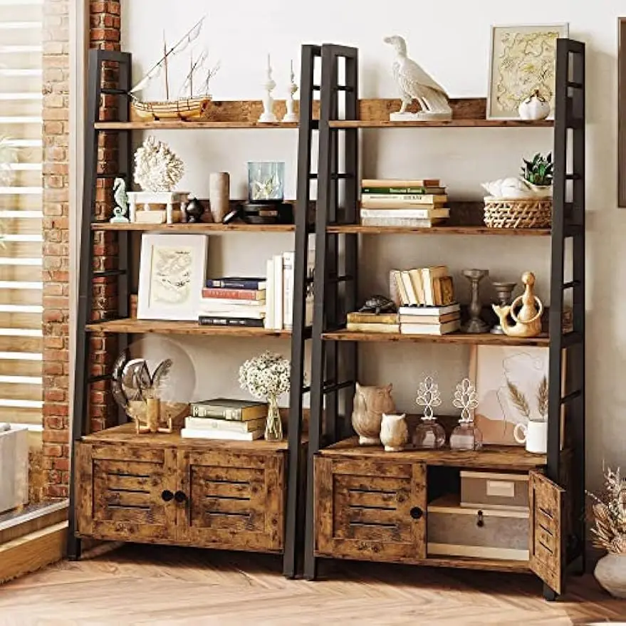 Bookshelf with Louvered Doors, 3-Tier Ladder Shelf with Cabinet Industrial Accent Furniture for Bedroom Living Room Home Office