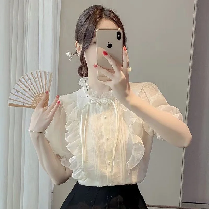 

New Chinese Button French Ruffled Lace Gentle Chiffon Shirt 2024 Summer Fashion Temperament New Design Small Shirt Stylish Top