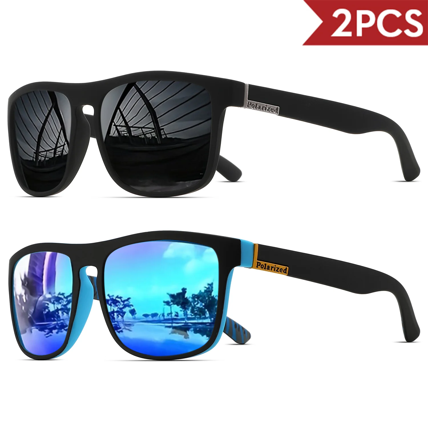 2PCClassic Vierkant Gepolariseerde Sportzonnebril Lichtgewicht PC-frame UV400 voor Rijden Vissen Fietsen Unisex Dagelijkse duurzaamheid