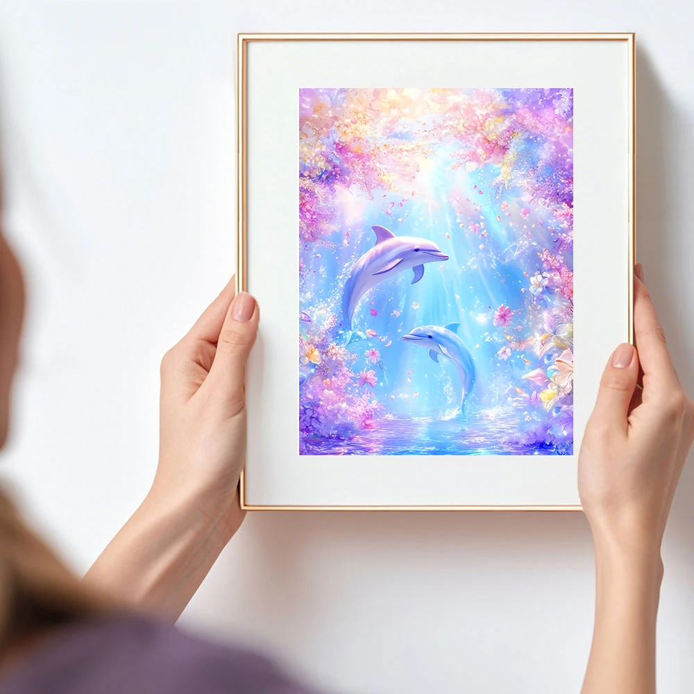 ◎ dolphin...hana。豚さん　サイズＦ　総柄で超可愛い。 Huacan Full Square Round Diamond Painting Dolphins Flower Diamond
