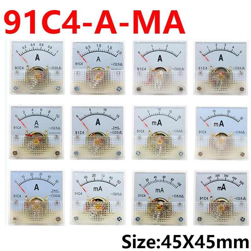 

91C4-A-mA DC Pointer type Ammeter 1A 2A 3A 5A 10A 15A 30A 50A 75A 100A 150A 200A 300A 400A 500A Analog Mechanics Plate table