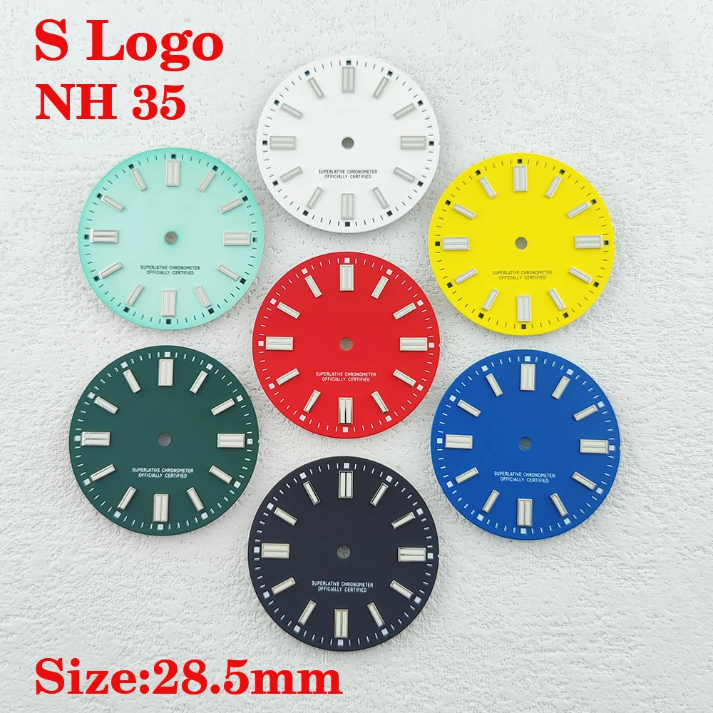 

28.5mm S logo NH35 dial matte dial, green luminous dial without calendar, suitable for NH35 movement watch accessories