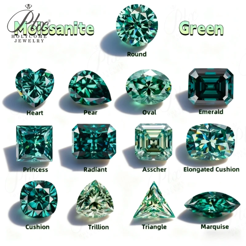 Sparkling Green Moissanite Diamonds Assorted Shapes Including Round Oval & Heart Exquisite Loose Gemstones for Jewelry Creation