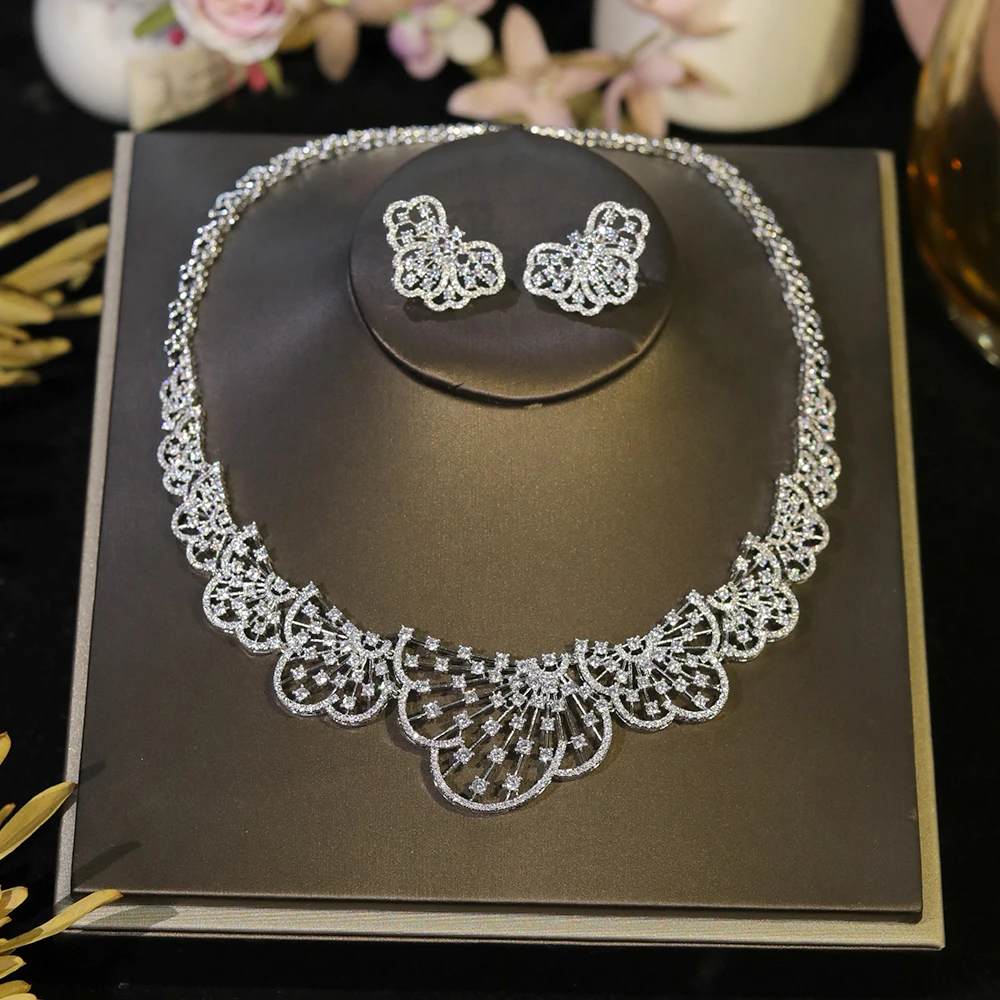 Graceful 2Pcs White CZ Zircon Necklace Set Brides High Quality Fine Jewelry Women  Wedding Engagement Accessory