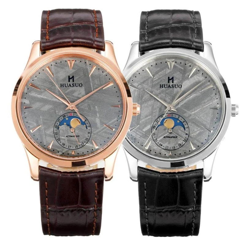 

HUASUO Luxury Meteorite Moon Phase Men's Mechanical Watch 39mm 50m Waterproof Dress Mechanical Watch