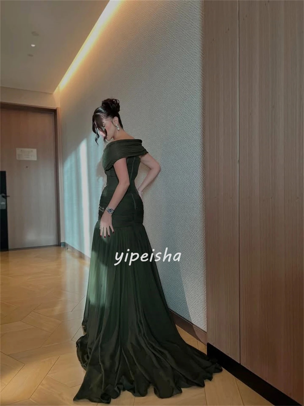 Personalizado de alta qualidade moda chiffon lantejoulas miçangas sereia fora do ombro vestidos longos sob medida vestidos de ocasião combinando