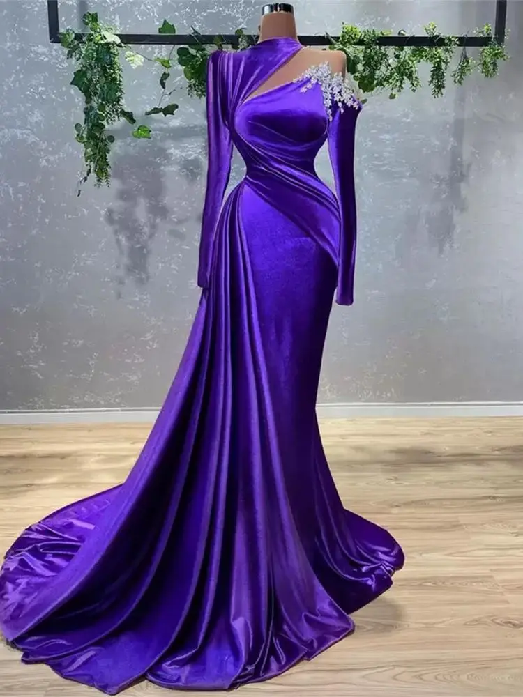 Princess Prom Purple Occasion Crystals Beaded Sleevel abito lungo fino al pavimento Ladies Satin Ruffle tinta unita 2022 temperamento formale