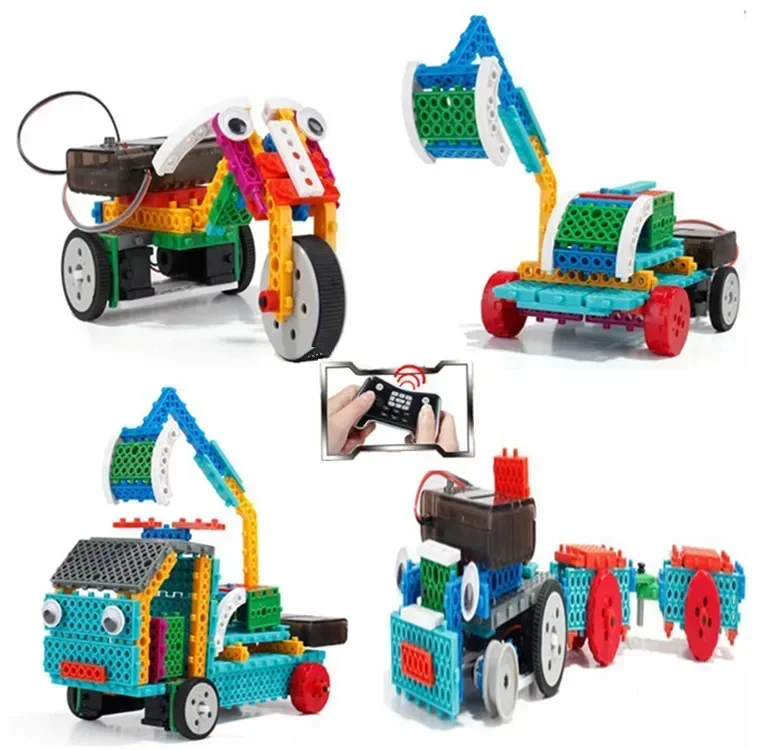 [Funny] 117pcs DIY 4 in 1 Remote control RC Motorcycles/Excavator/Trailer/Truck robot Building blocks assembly toy kids gift