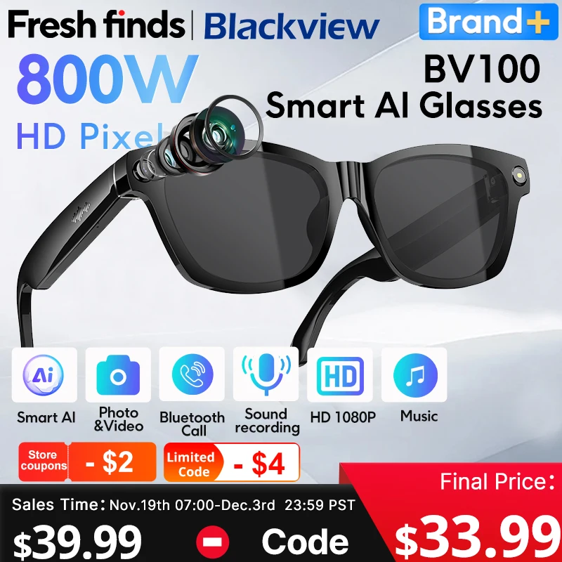 【Мировая премьера】Очки для стрельбы Blackview BV100 AI, 2K HD, 800 Вт, пиксельная камера, Bluetooth-вызов, голосовой помощник, умные очки 【Мировая премьера】Очки для стрельбы Blackview BV100 AI, 2K HD, 800 Вт, пиксельная камера, Bluetooth-вызов, голосовой помощник, умные очки