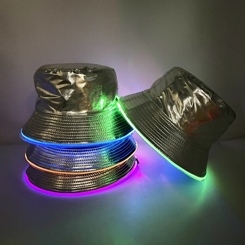 2024 New Men Women LED Optical Fiber Bucket Hat Patent Leather Colorful LED Luminous Night Club Fisherman Hat Glow Party Cap