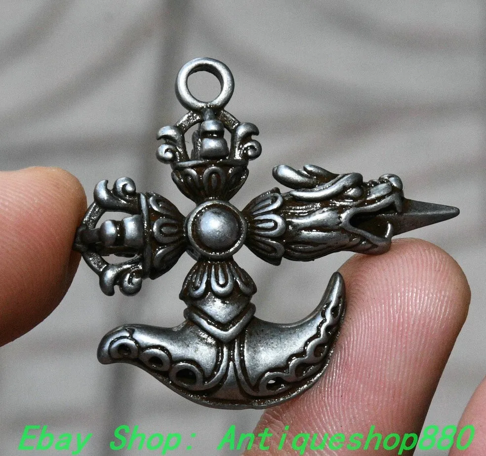 1.5''Old Tibetan Buddhism Iron Diamond Pestle Dragon Head Faqi Fa Qi