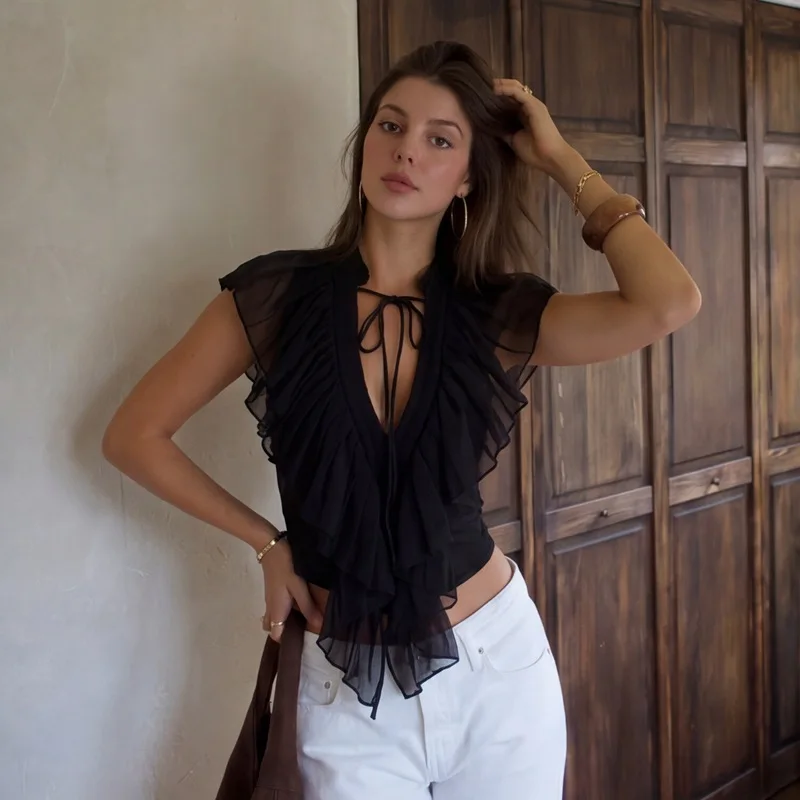 Tsiisd Women Chiffon Blouse Ruffle Trim V Neck Tie Front Flutter Sleeve Sheer Mesh Crop Top Summer Party Vacation Elegant Outfit