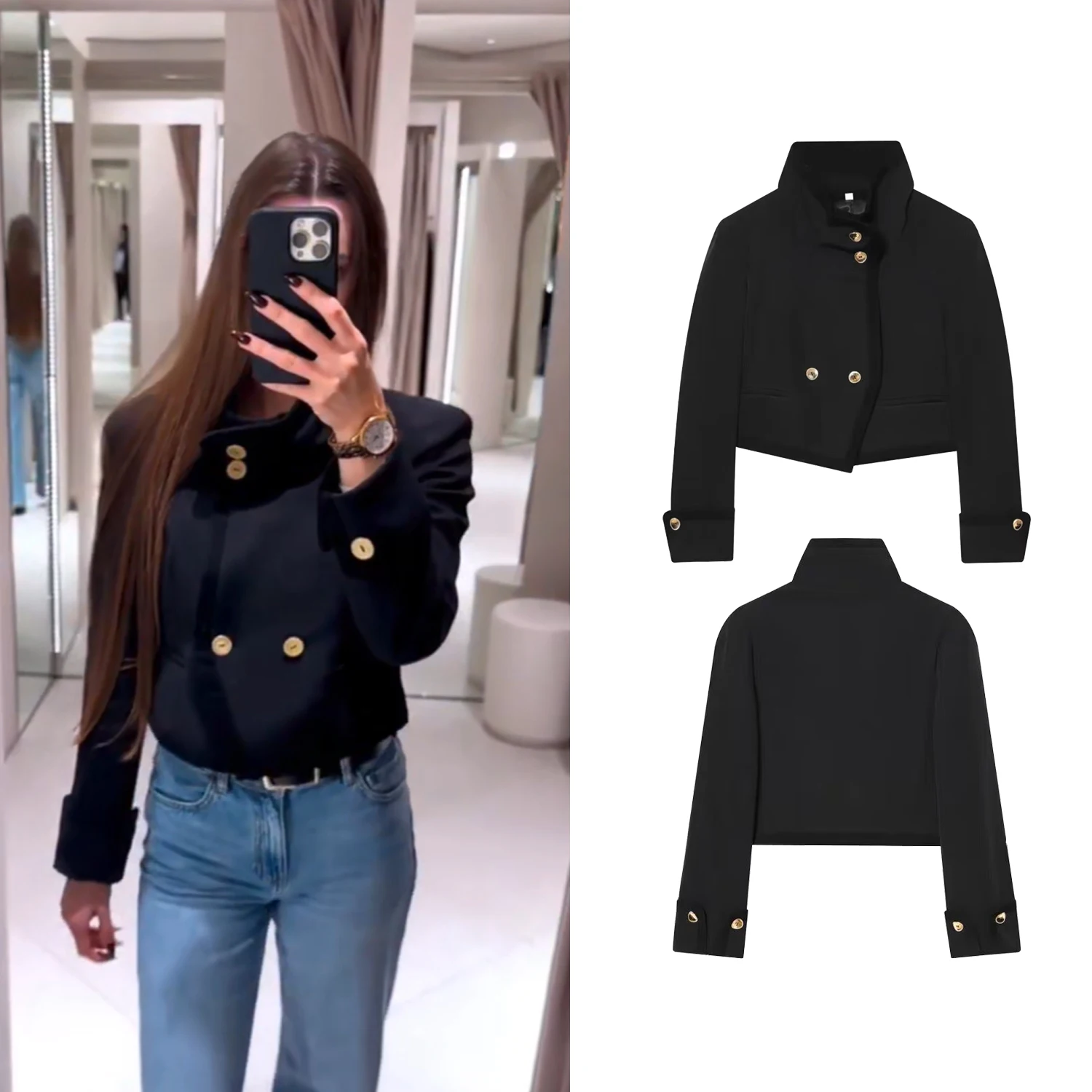 

Женская черная короткая куртка с воротником-стойкой, весна-осень, новая модная модель, с длинными рукавами, однобортная, для повседневной носки, верхняя одежда для женщин