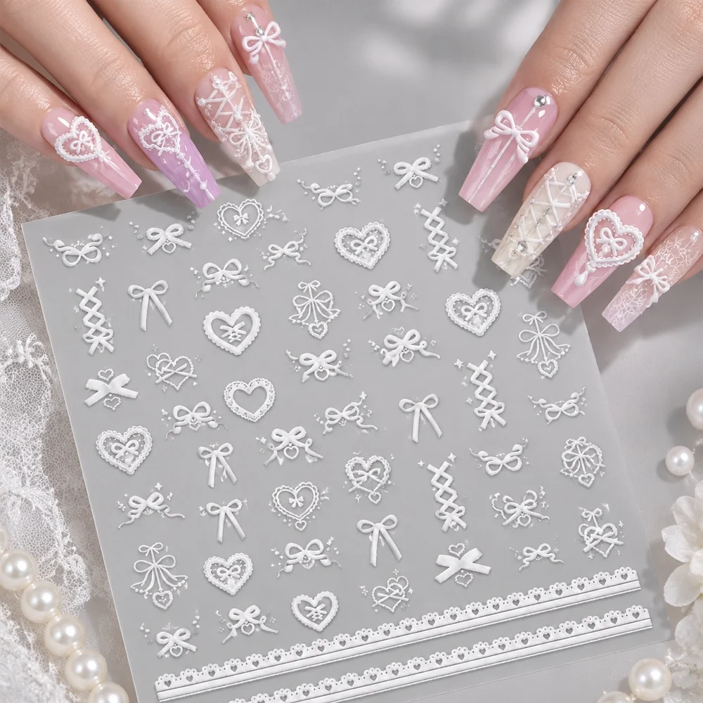 Sheer White Lace Nail Decals Bow Heart Mesh Pink 5D Embossed Self Adhesive Stickers Pure Desire Wedding Party Nail Art Decor Set