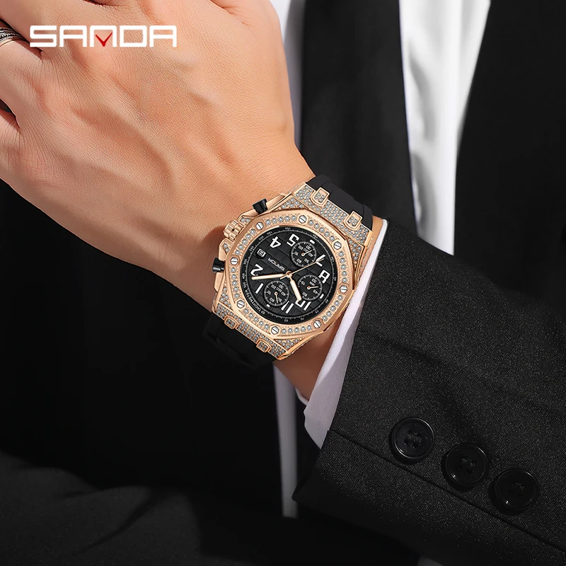 SANDA nuevo reloj de cuarzo para hombre 7026 con tres ojos y seis pines con incrustaciones de diamantes esfera con calendario reloj luminoso resistente al agua para hombre