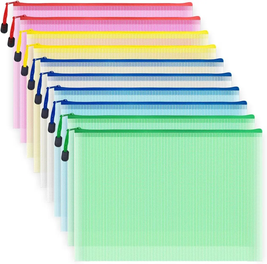 

10 Pcs Zipper File Bags, Waterproof Plastic Mesh Pouch for Office School, Board Game Storage Bags (A4 Size 13.4''x9.4'')
