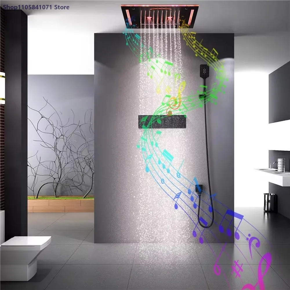 30x30cm Square Black Shower Set Embedded Music Player LED Shower Head Faucet System Rainfall Bathroom Upgrade