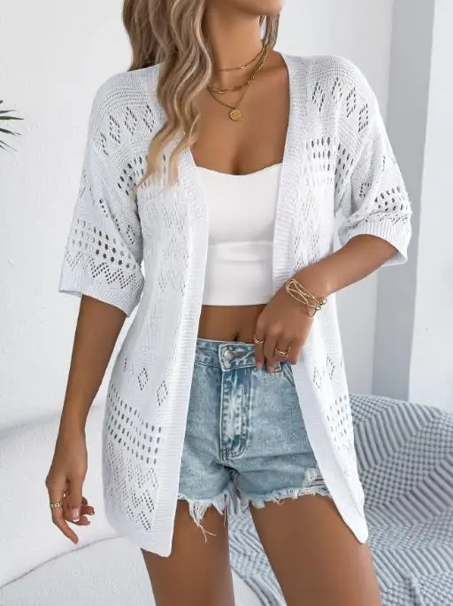 

2025 Spring/summer Casual Solid Color Hollow Sleeve Knitted Sweater Vacation Cardigan Women's Wear