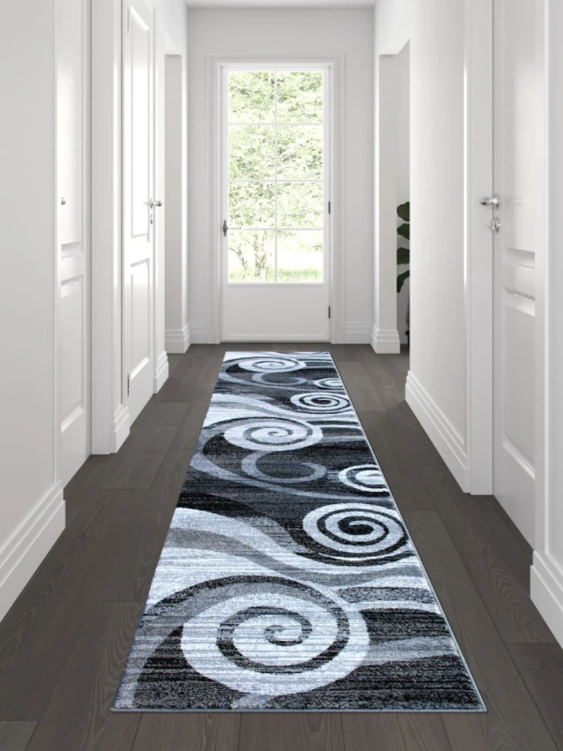 

2'x11' Gray Swirl Patterned Olefin Area Rug with Jute Backin Carpets for Living Room Bedroom Decor