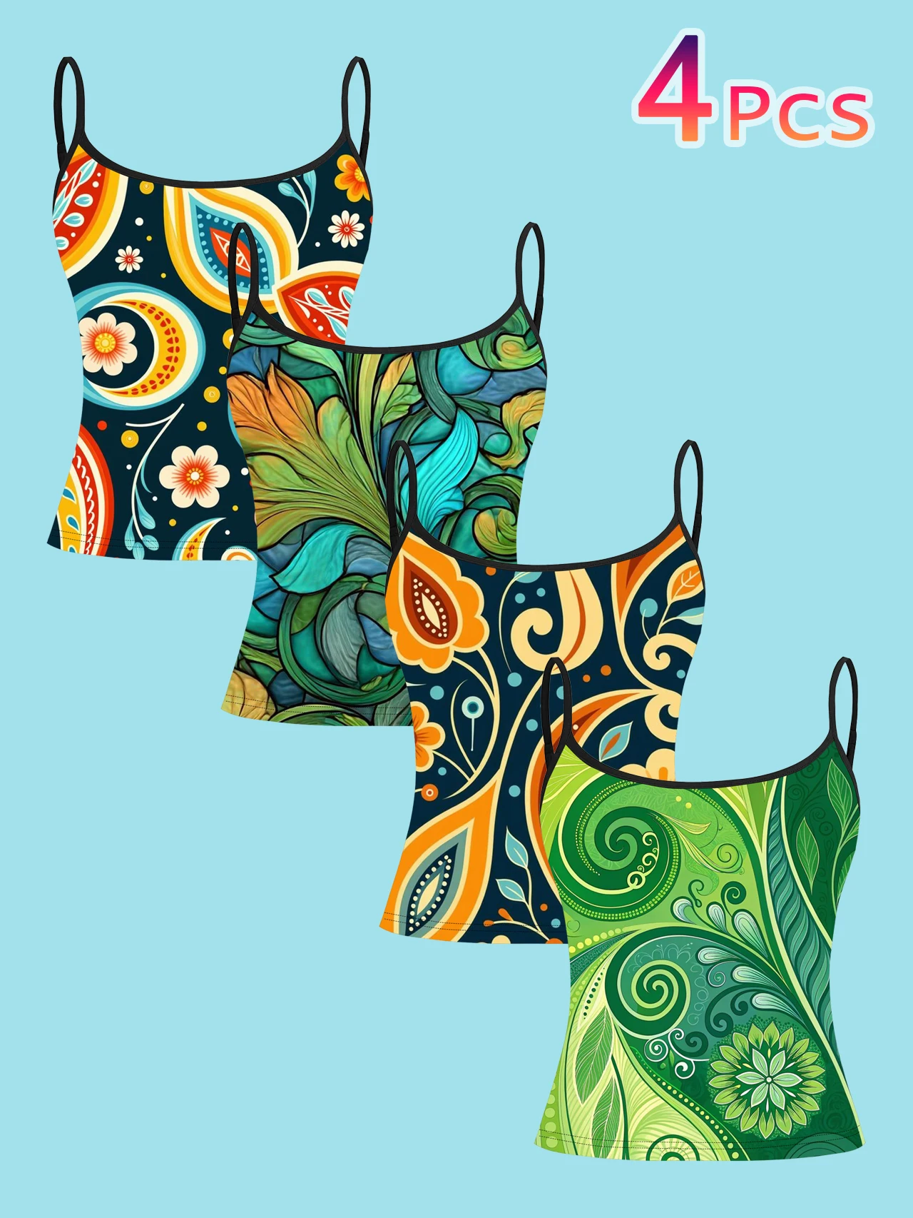 4-Piece Set of Women's Vintage Art Plant Swirl Print Camisoles, Colorful Floral Slim-Fit Spaghetti Strap Inner Tops