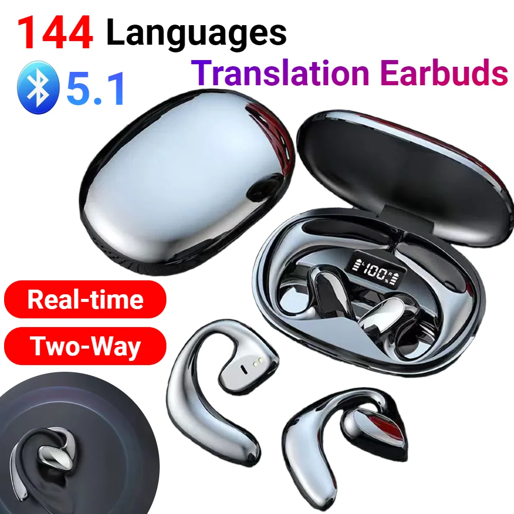 Earbud translasi BT nirkabel, headphone penerjemah dua arah waktu nyata 144 bahasa untuk perjalanan dan bisnis