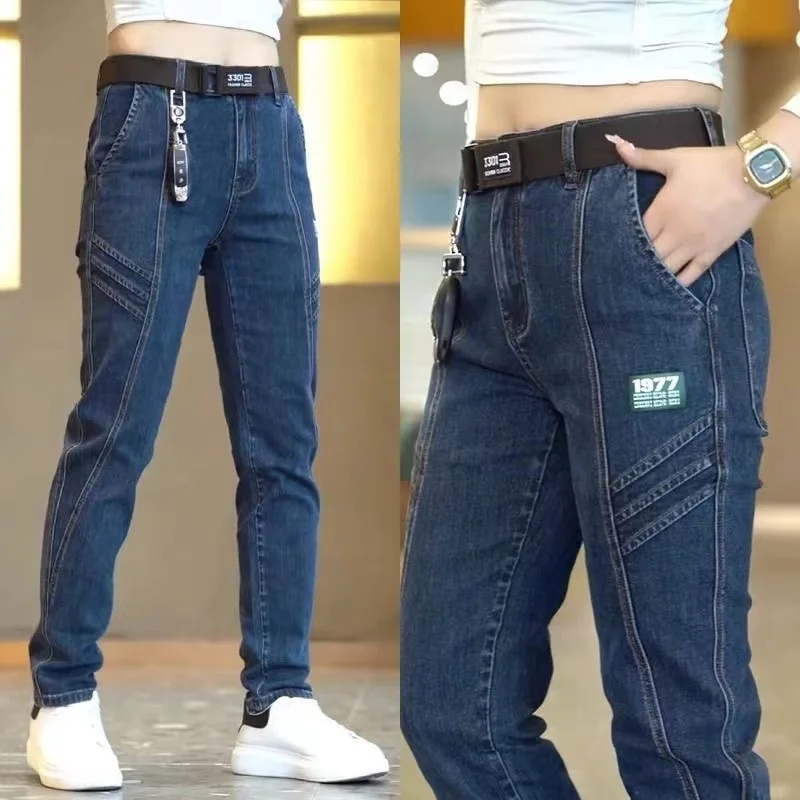 Mode Heren Patchwork Print Casual Jeans Nieuw Design Street Wear Chique Denim Broek Zwart Blauw Elastisch Slank Merk Mannenjeans