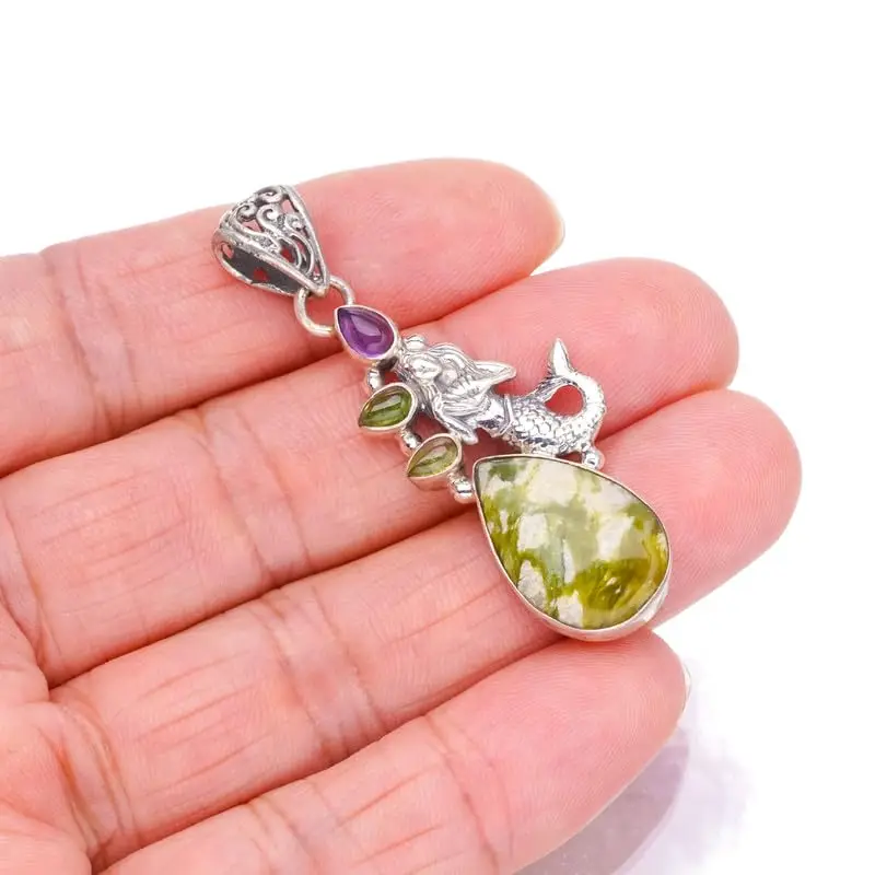 StarGems Natural Ocean Jasper&Mermaid,Amethyst And Peridot Handmade 925 Sterling Silver Pendant 2