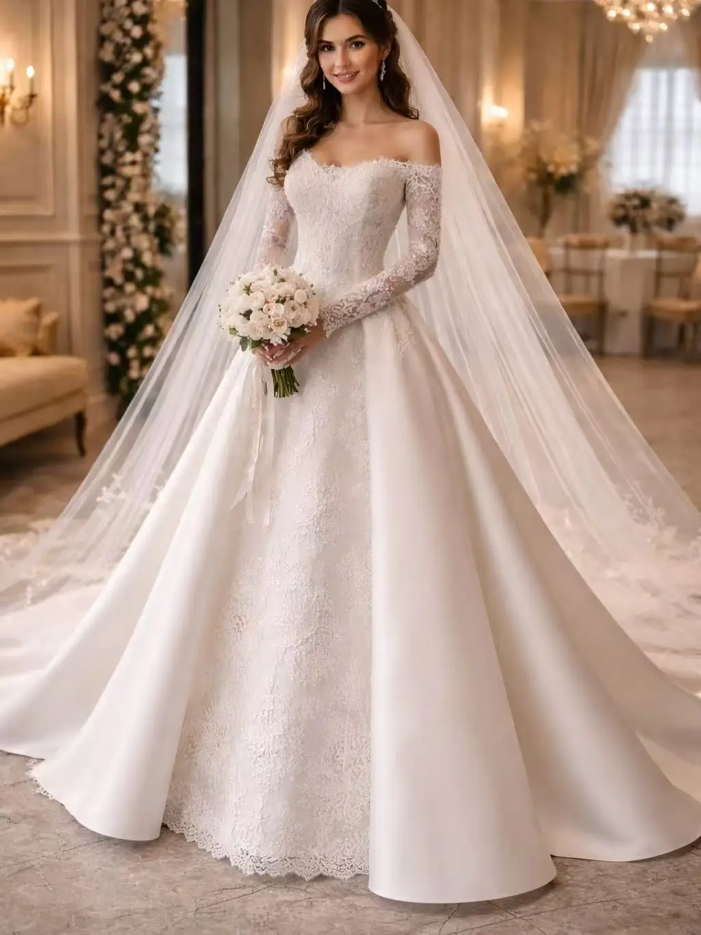Customized Graceful A Line Wedding Dress For Women Off Shoulder Long Sleeves Bridal Gowns  Lace Dress