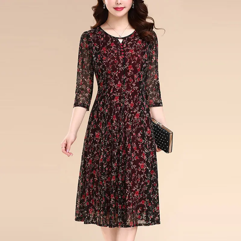 Summer Clothes for Women Round Neck Three-dimensional Decoration Elegant Floral Printing Button Three Quarter Knee-length Dress