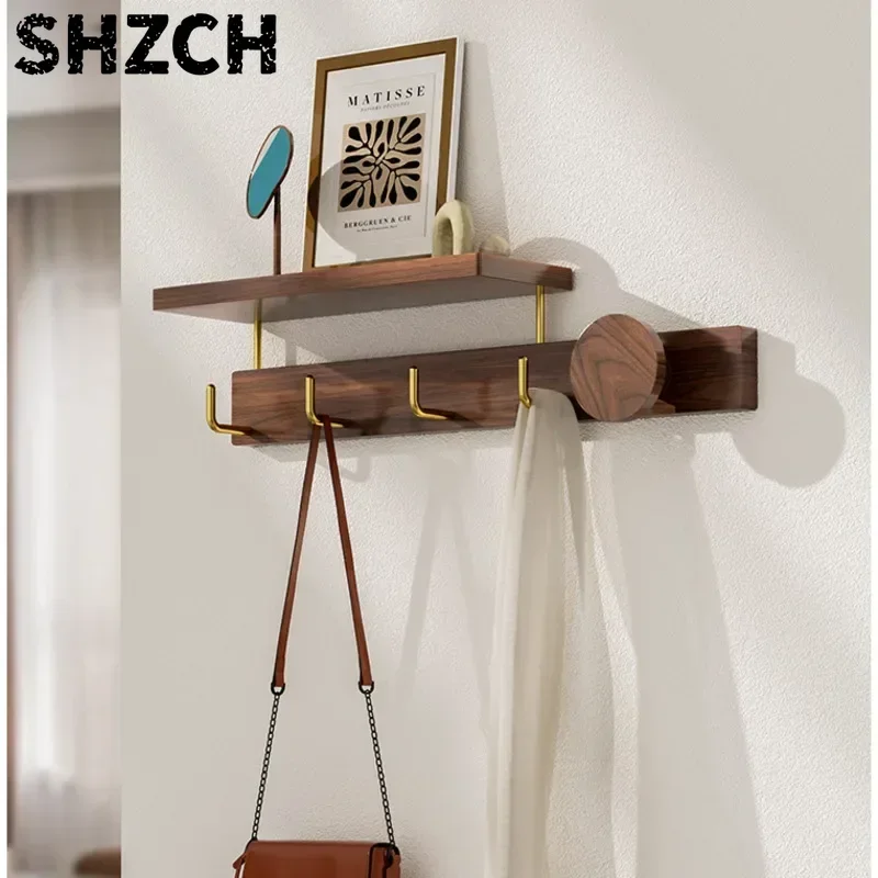No Punching Clothes Hook Black Walnut Wood Coat Rack Creative Living Room Storage Shelves Versatile Scene Hanger For Bags
