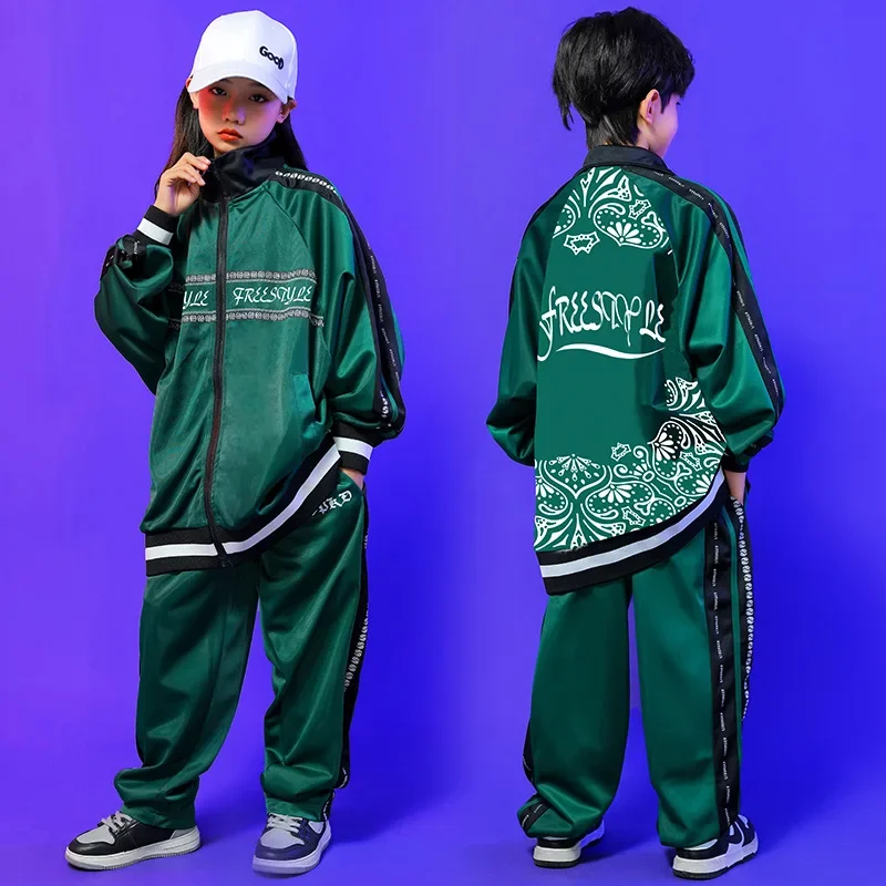 Kid Kpop Hip Hop Clothing Green Print Oversized Shirt Jacket Casual Sweat Pants for Girl Boy Jazz Dance Costume Clothes Outfits