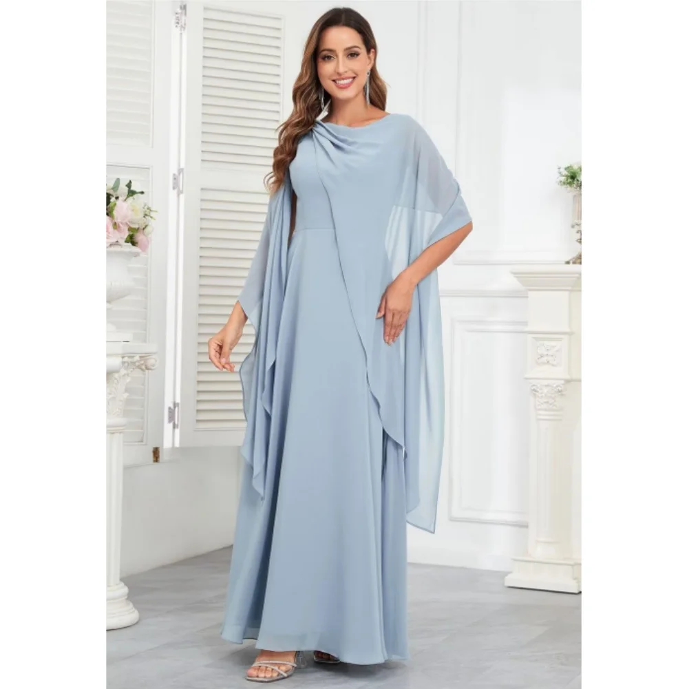 Scoop Neck Mother of The Bride Dresses Cape Shawl Ruffle Long Formal Evening Gowns Chiffon A Line Wedding Guest Bridesmaid Dress