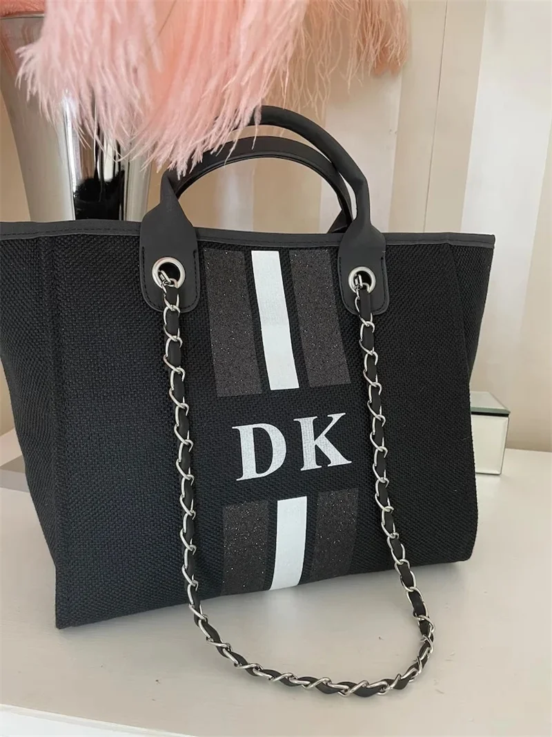 Monogram Tote Bag Canvas Customised Black Glitter Chain Handbag Personalised White Initials Gift Hen Party Bachelorette Beach