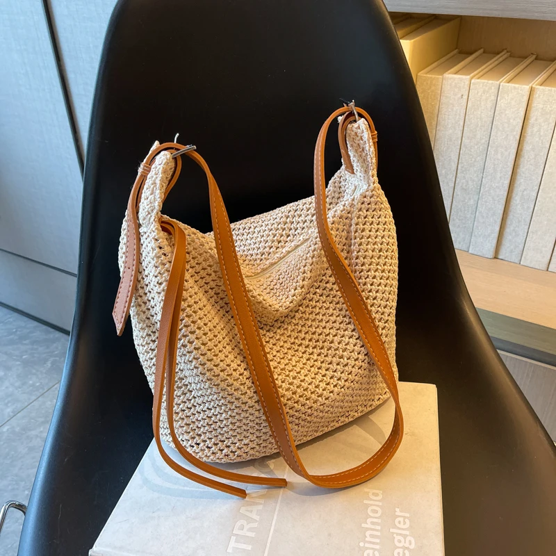 Luxury Design Straw Woven Large Capacity Handbag Casual Women Shoulder Crossbody Bag Solid Color Female Tote Summer Beach Purse