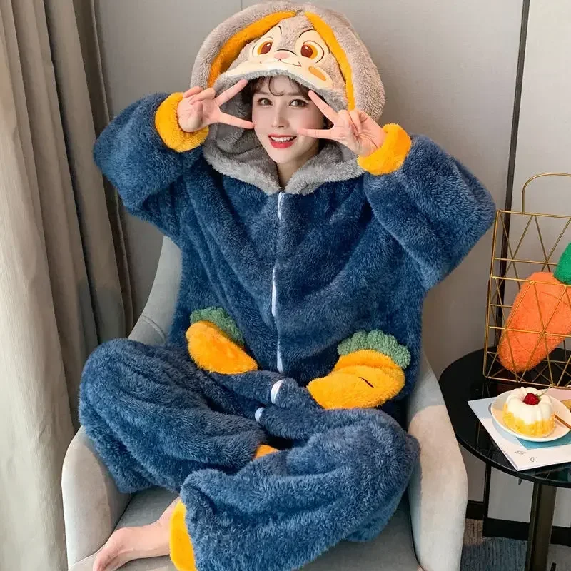 Winter Kigurumi Thicken Flannel Animal Pajamas Suit Adult Onesie Anime Women Girls Rabbit Jumpsuit Halloween Party Suit Overalls