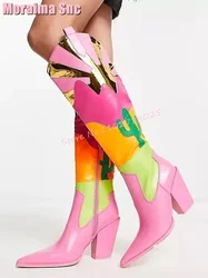 2025 Fashion Mixed Colors Women Stitching Knee High Boots Pointed Toe Block Mid Heel Side Zipper Long Cowboy Boots Runway Winter