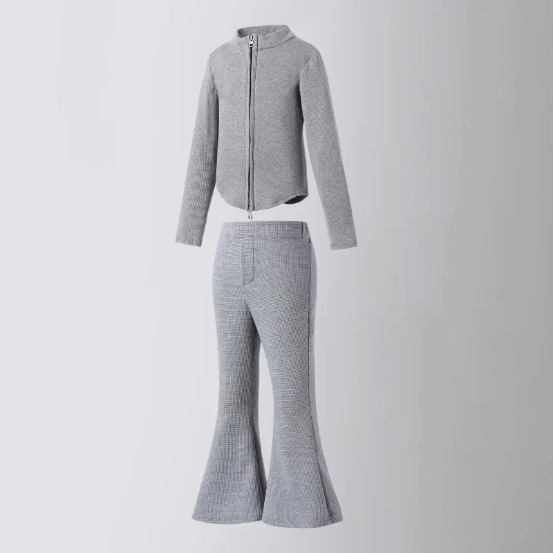 

Girls Sportswear Spring New Gray Waffle Plaid Flare Pants Outerwear Two-piece School Teen Clothes Casual Daily Kids Outfits Set